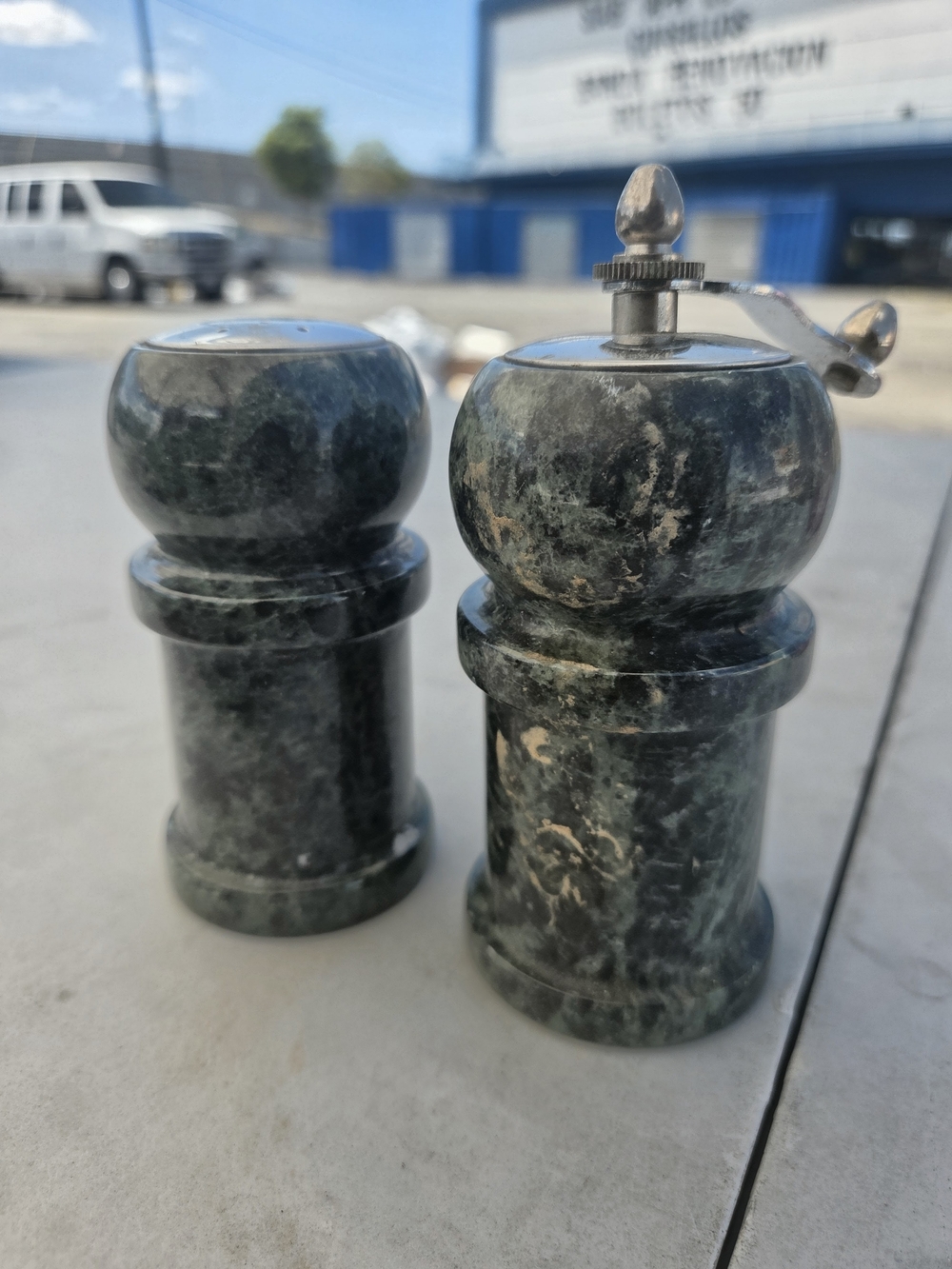 Vintage Italian Green PolishedMarble Salt and Pepper Shakers - Stone Grinder Set
